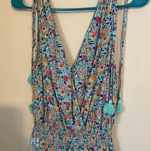 Bebop Boho Floral Sleeveless Romper | Turquoise Blue | Tassel Tie | Size Large - Picture 6 of 15
